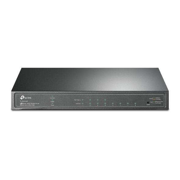 TP-Link TL-SG2008P JetStream 8-Port Gigabit Smart Switch with 4 PoE+ ports, showcasing its sleek design and multiple Ethernet ports.